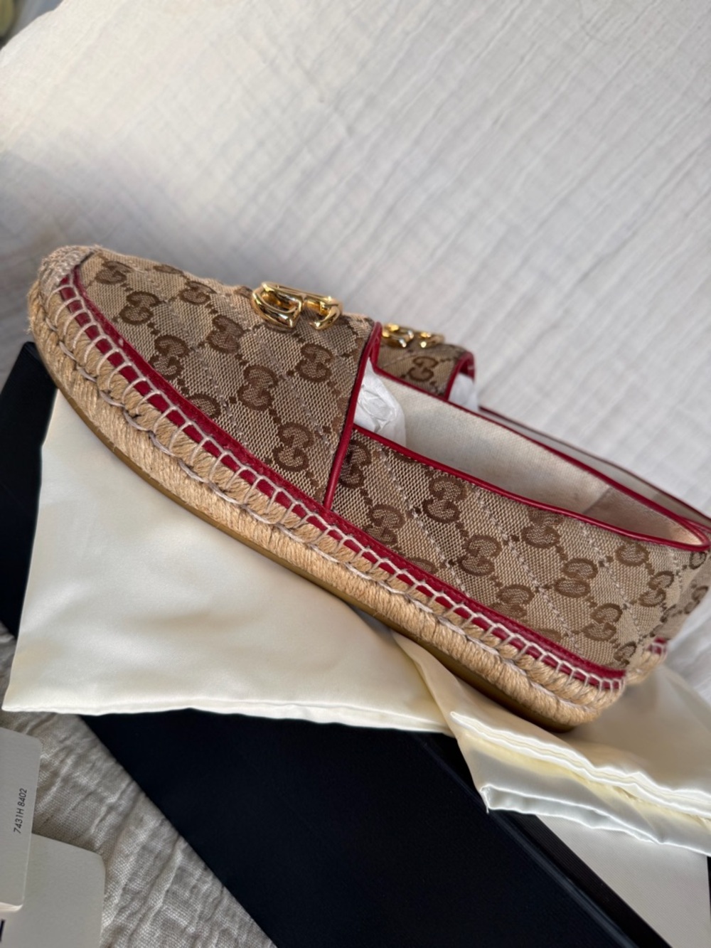 Gucci GG Canvas Espadrille Loafers with Red Trim and Gold Hardware - Picture 12 of 13